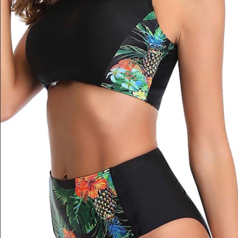 High Neck Floral Patchwork High Waisted Bikini N4